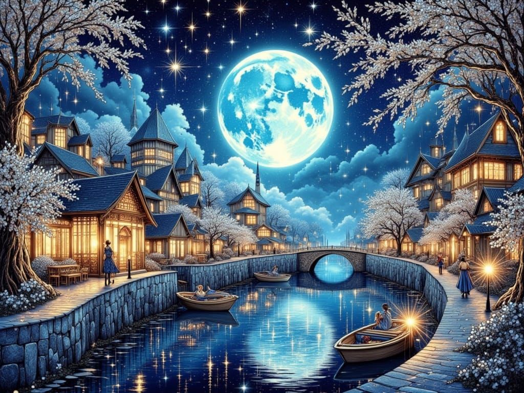 Fantasy Medieval Village Along Glowing Canal