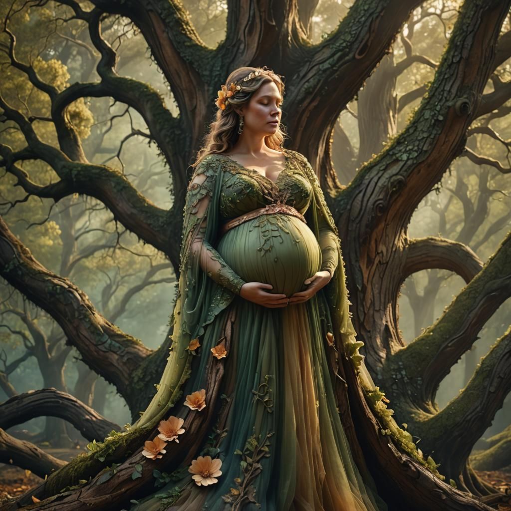 Oak Statue of Pregnant Woman in Flowing Gown