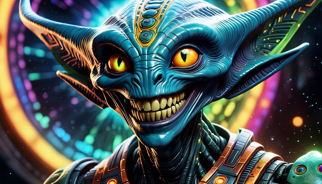 Hyperrealistic Alien Portrait in Vibrant, Glowing Stargate S...