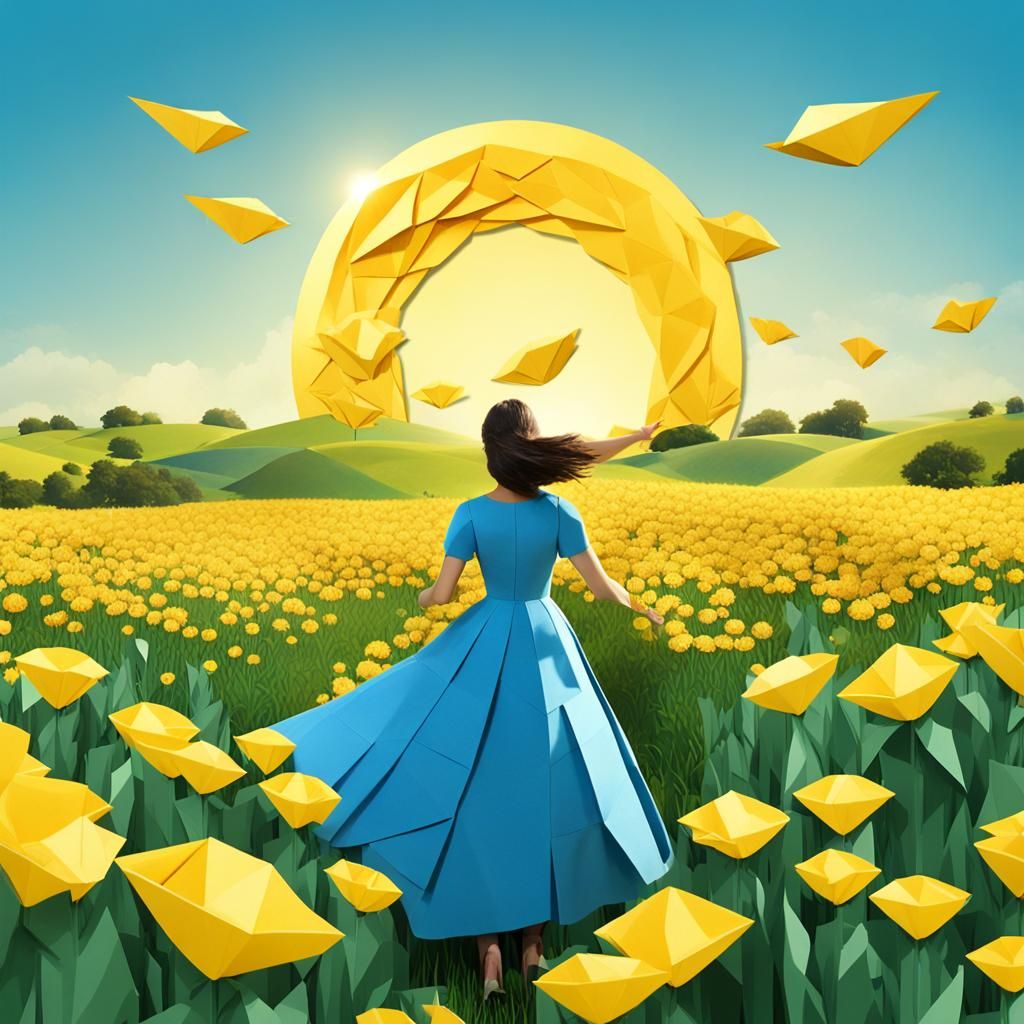 Woman in Field of Flowers, Origami Gouache Art
