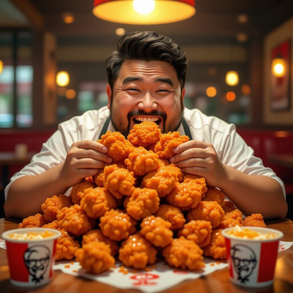 Man Enjoys Vast KFC Chicken Feast in Hyperrealistic Style