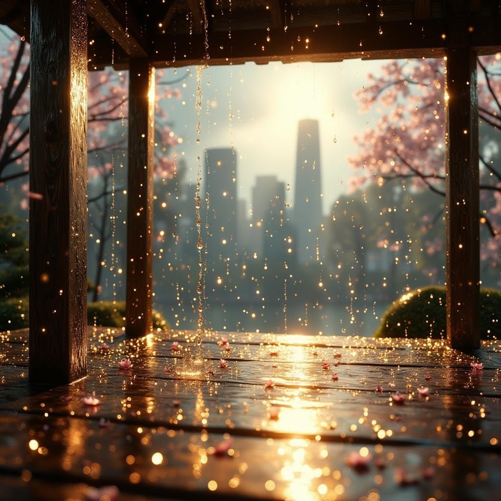Raindrops on Pavilion Wood, Tokyo Skyline Through Rain