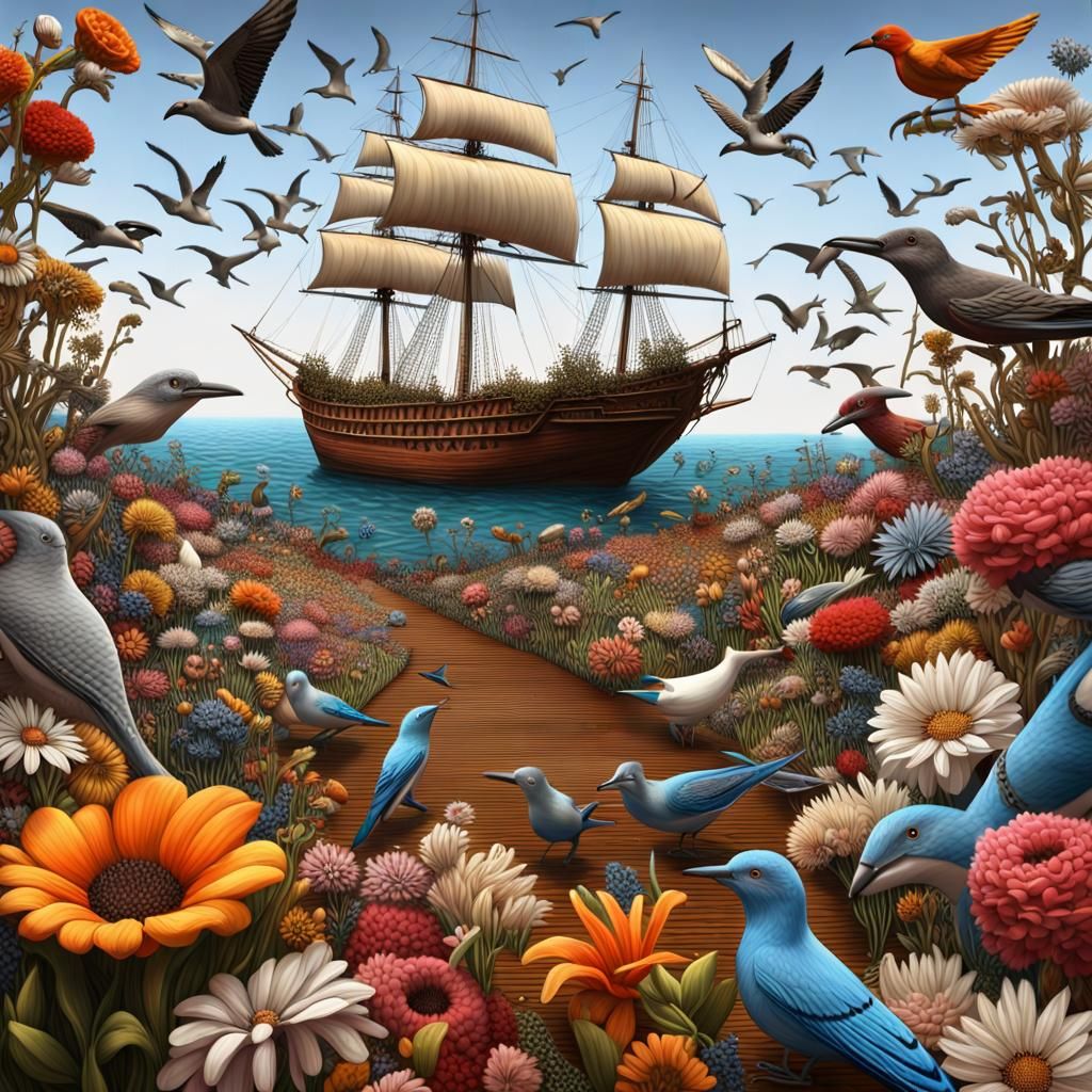 Surreal Flower Field with African Wildlife