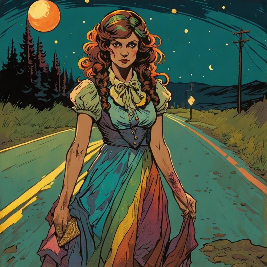 Angry Sorority President on Moonlit Road, Art Nouveau Style