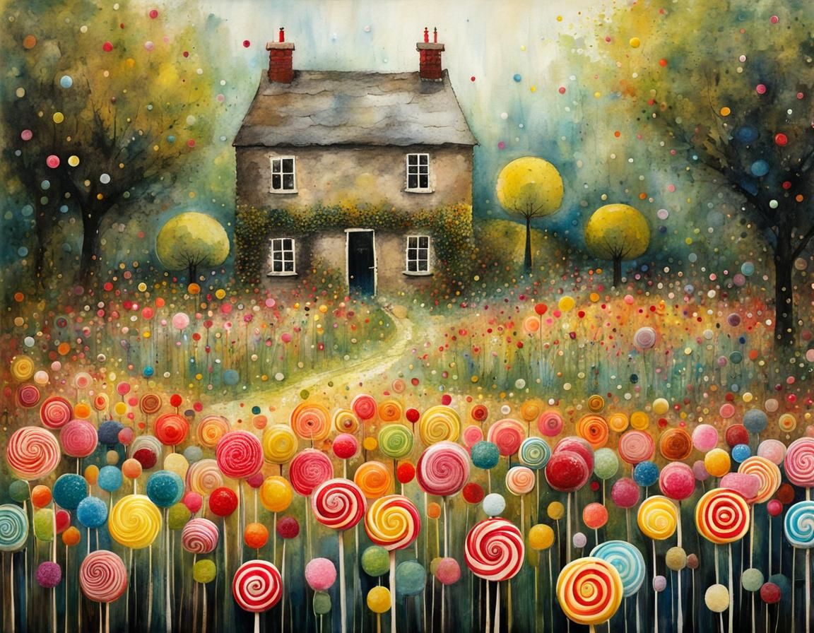 Magical Lollipop Garden: Whimsical Naive Art Illustration