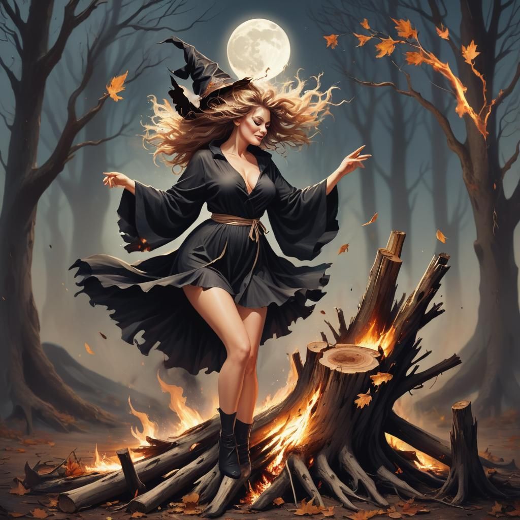 Witch Dancing Around Burning Tree Stump