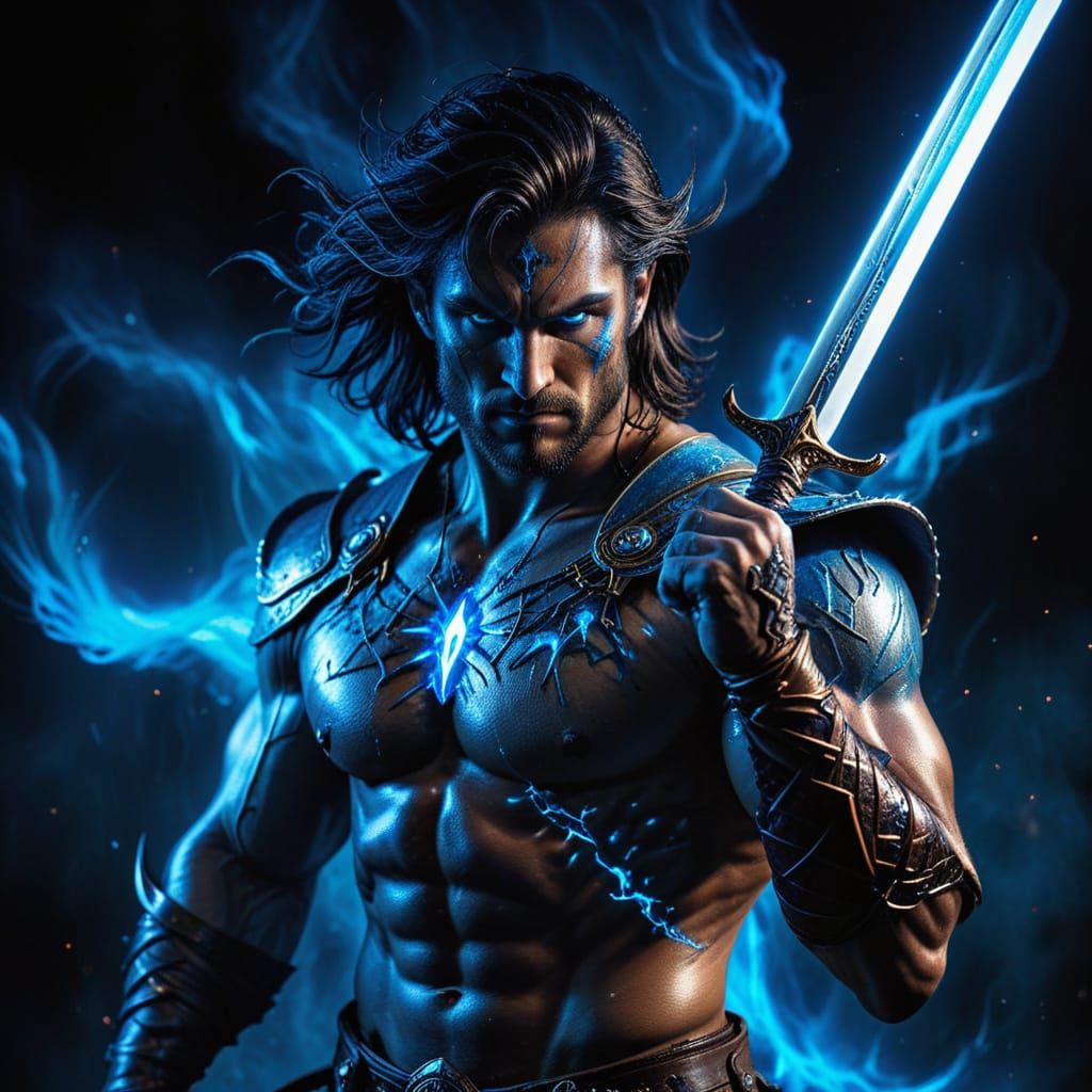 Muscular Warrior Wields Glowing Magic Sword in Dark Fantasy ...