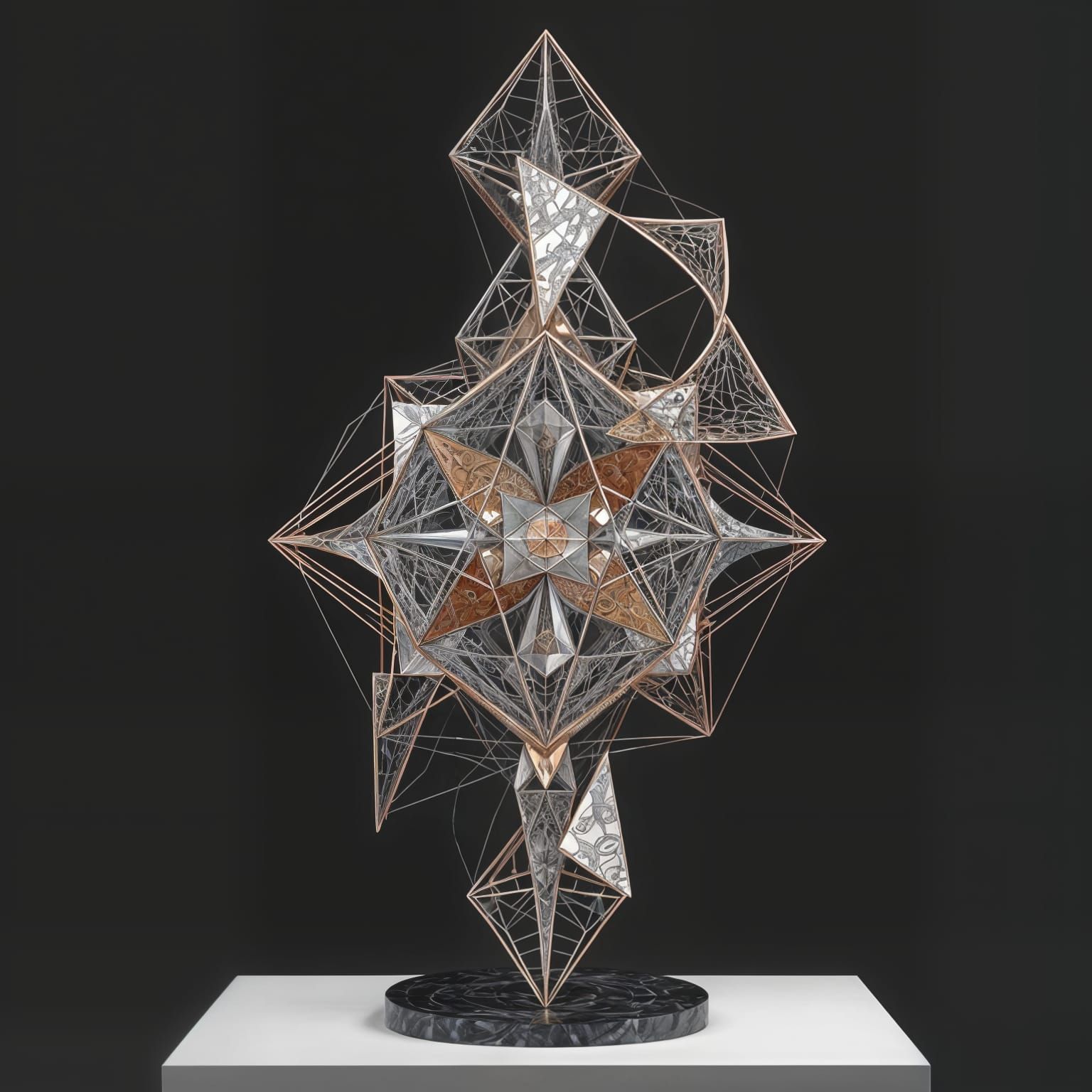 Large Abstract sliver and copper sculpture Alphonse Mucha Gustave Doré 3DEXCITE Art of Illusion geometric filigree