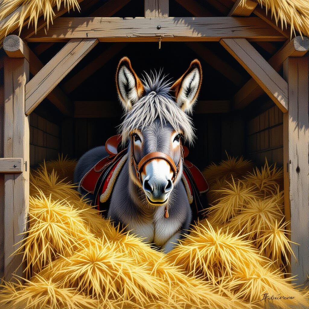 Donkey in Hay: A Dark Fantasy Oil Painting