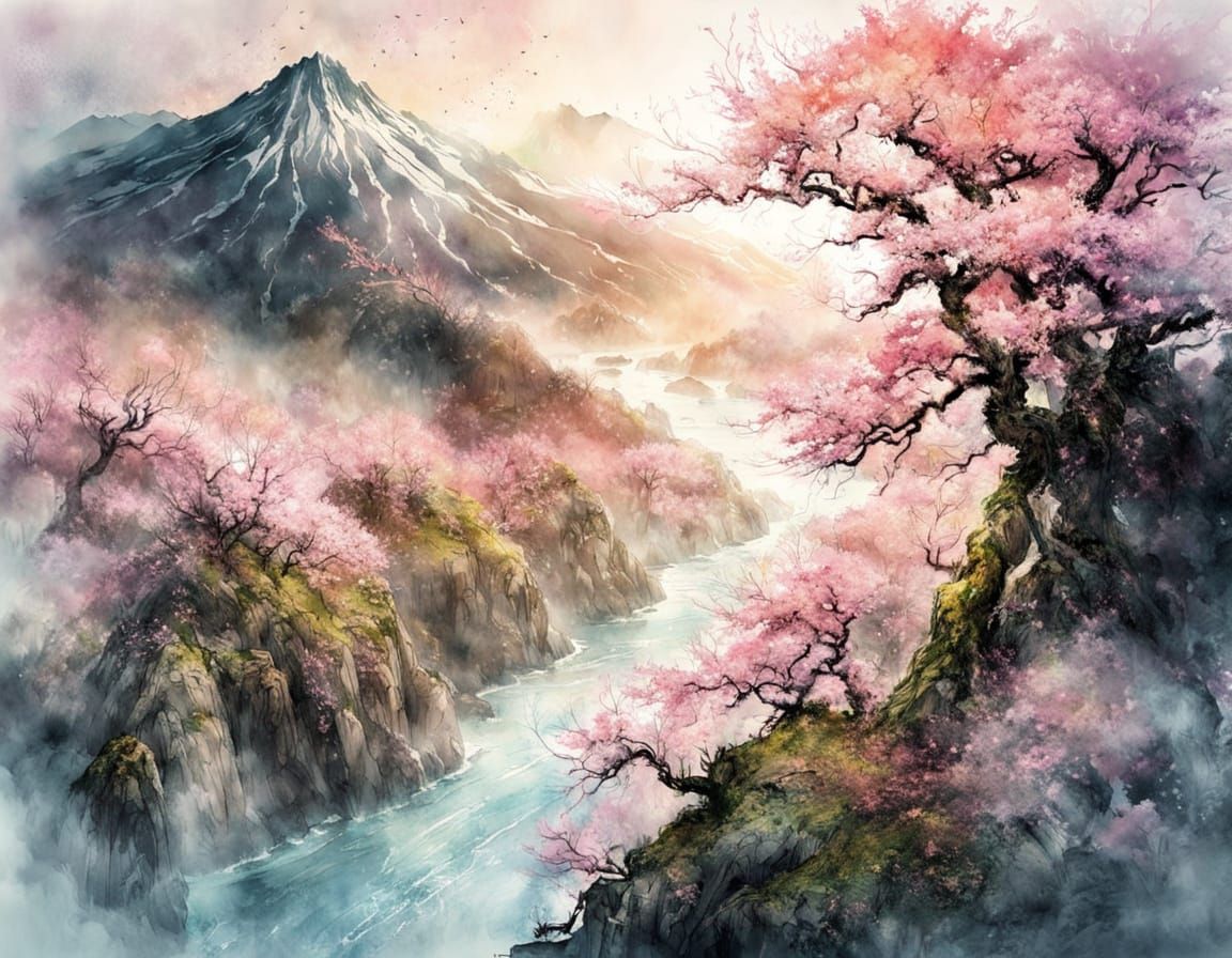 Sakura Blossoms Amidst Vibrant Japanese Landscape in Waterco...