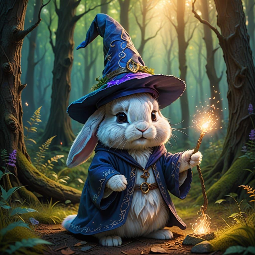 Wizard Bunny Casting Spell in Forest Clearing