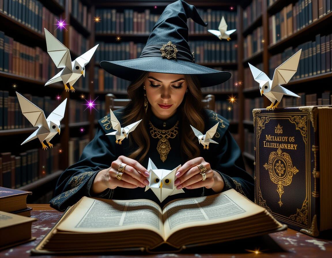 Witch Folds Origami Owls in Magical Library