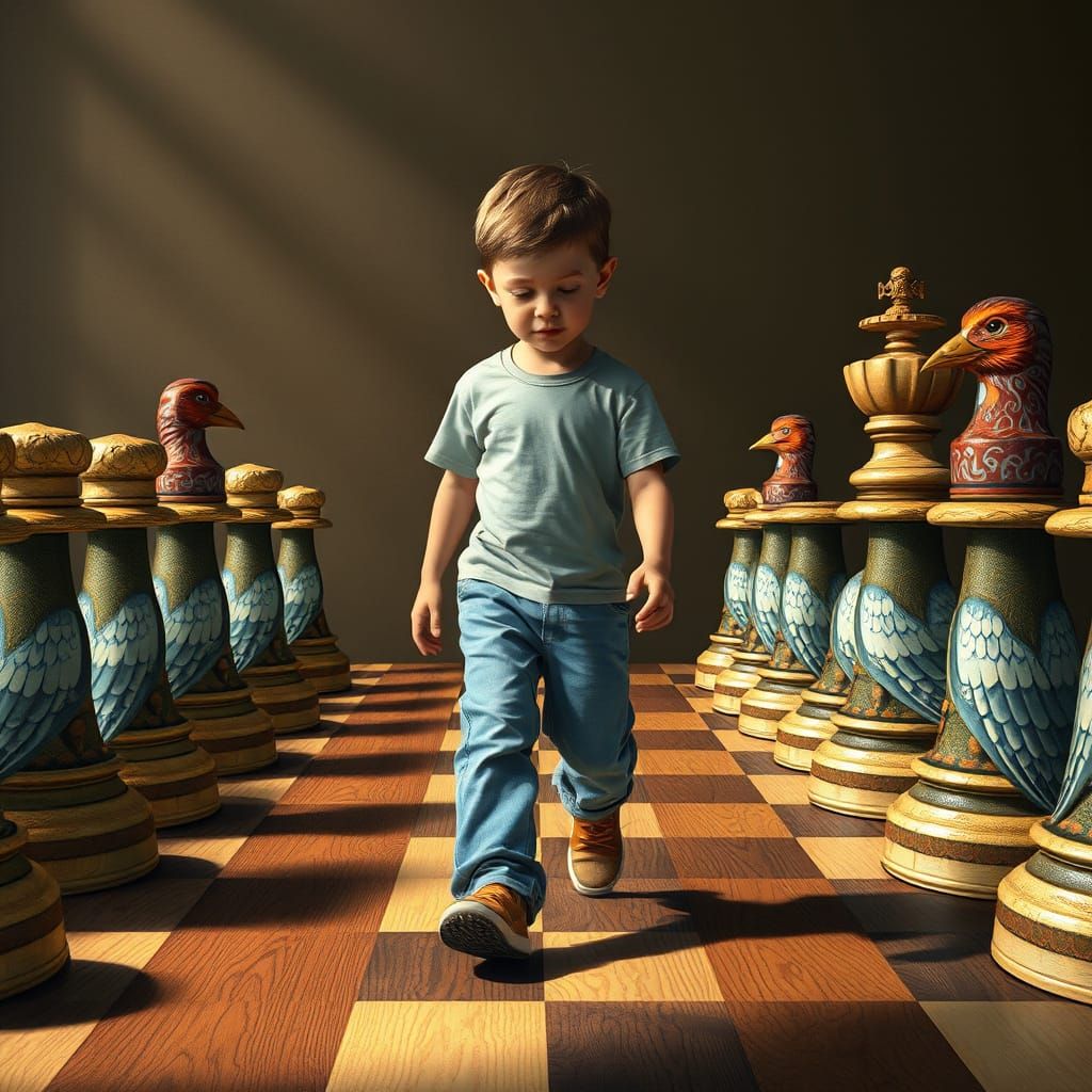 Boy Among Giant Chess Pieces in Dürer Style