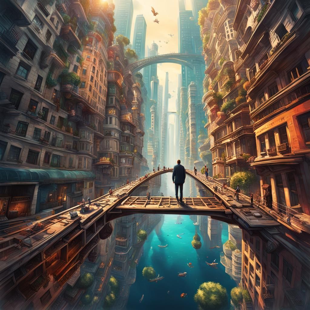 Surreal Inception-Style Cityscape with Warped Architecture