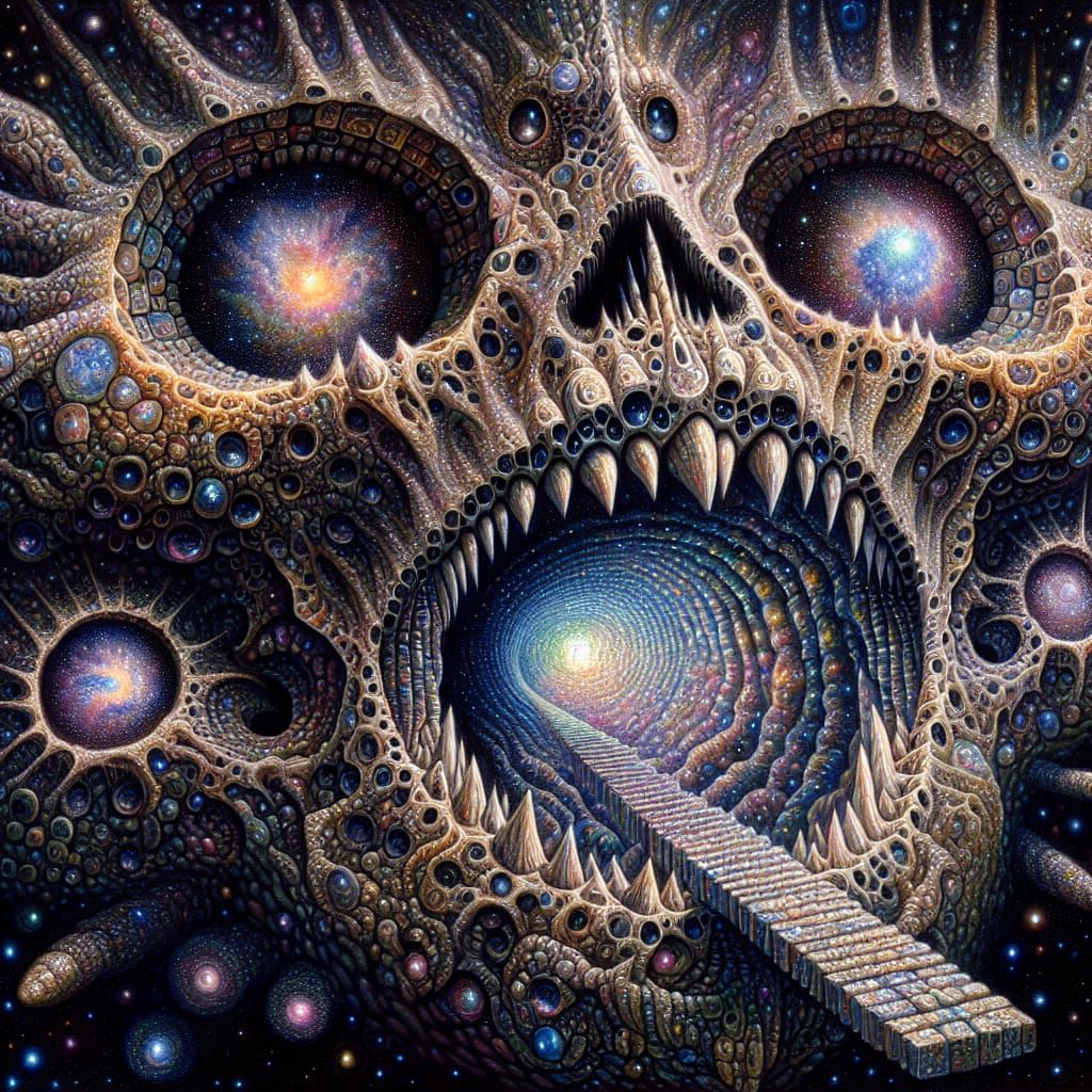 Cosmic Bone Entity in Pointillist Synthwave Style