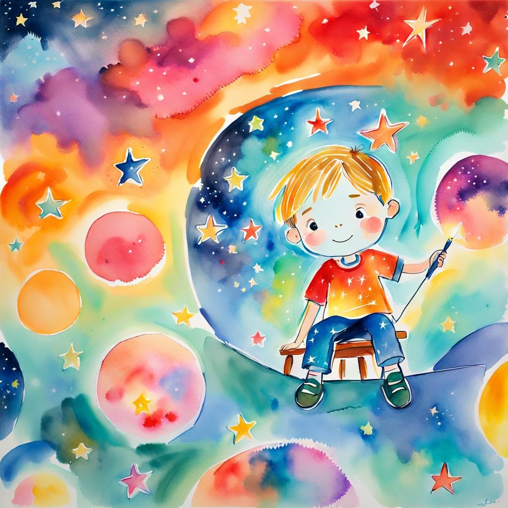 Child Draws Stars in Expressionist Watercolor