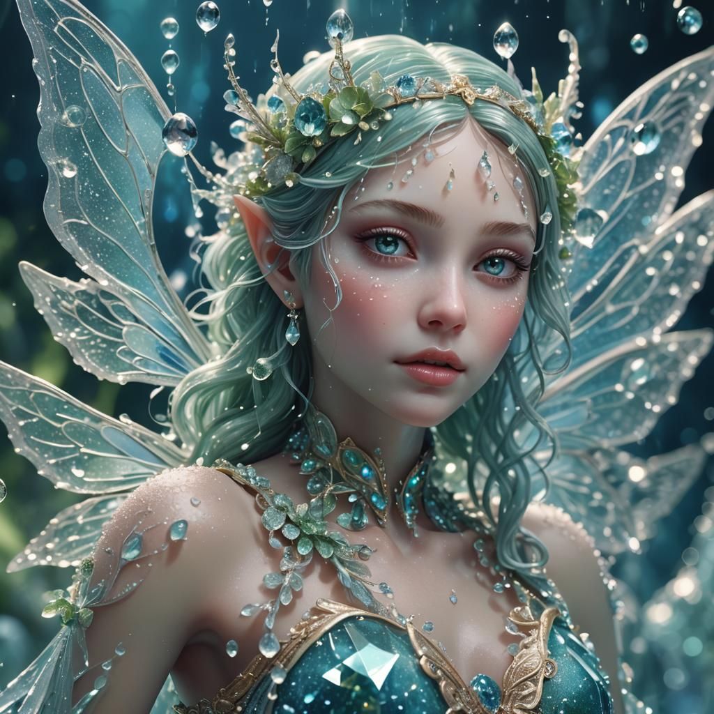 Crystal Fairy Surrounded by Glowing Water Droplets