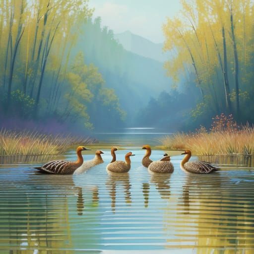 Geese Wading: Vivid Oil Painting Style Wildlife Art