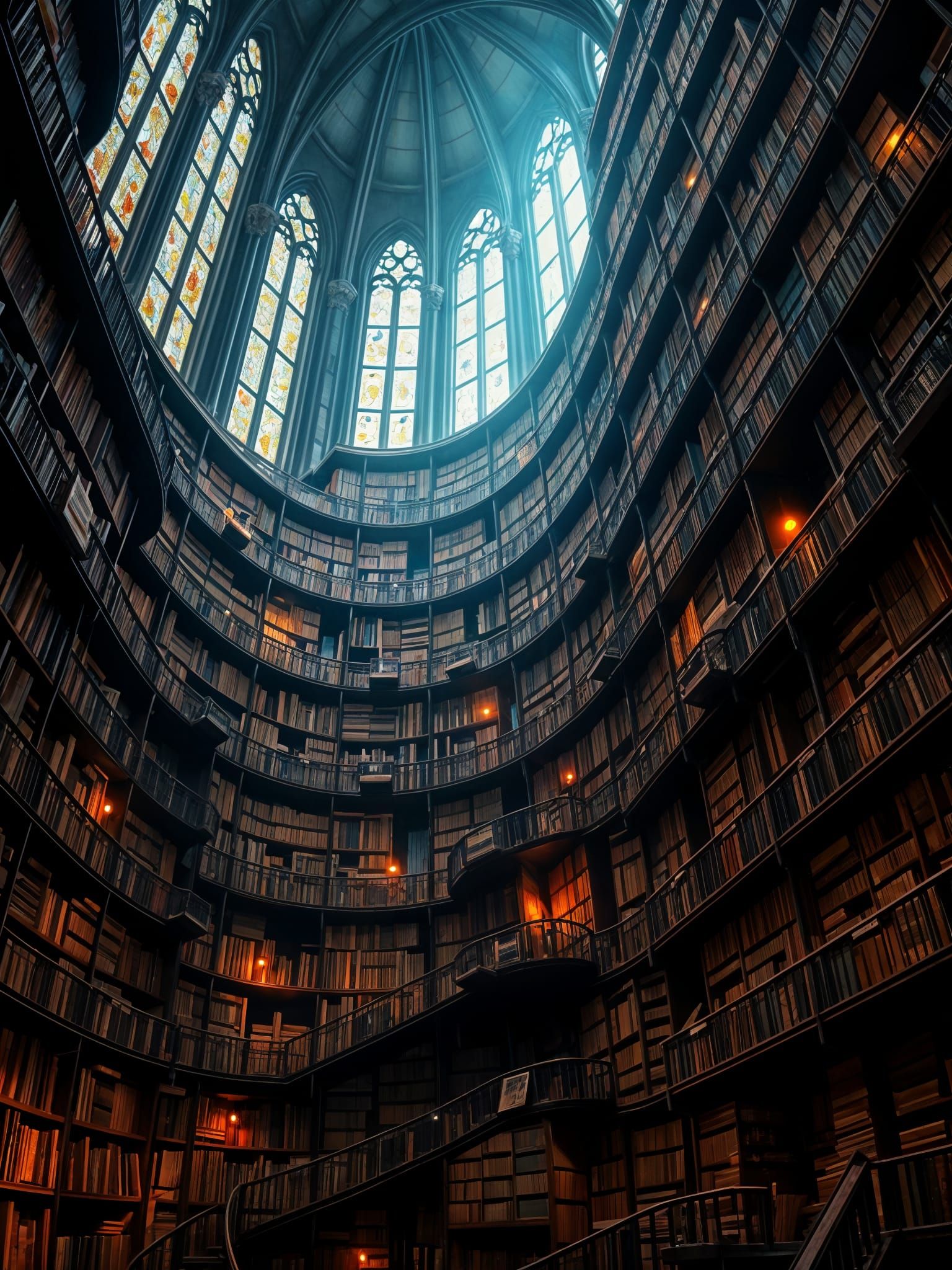 Surreal Library of Endless Knowledge in Gothic Style