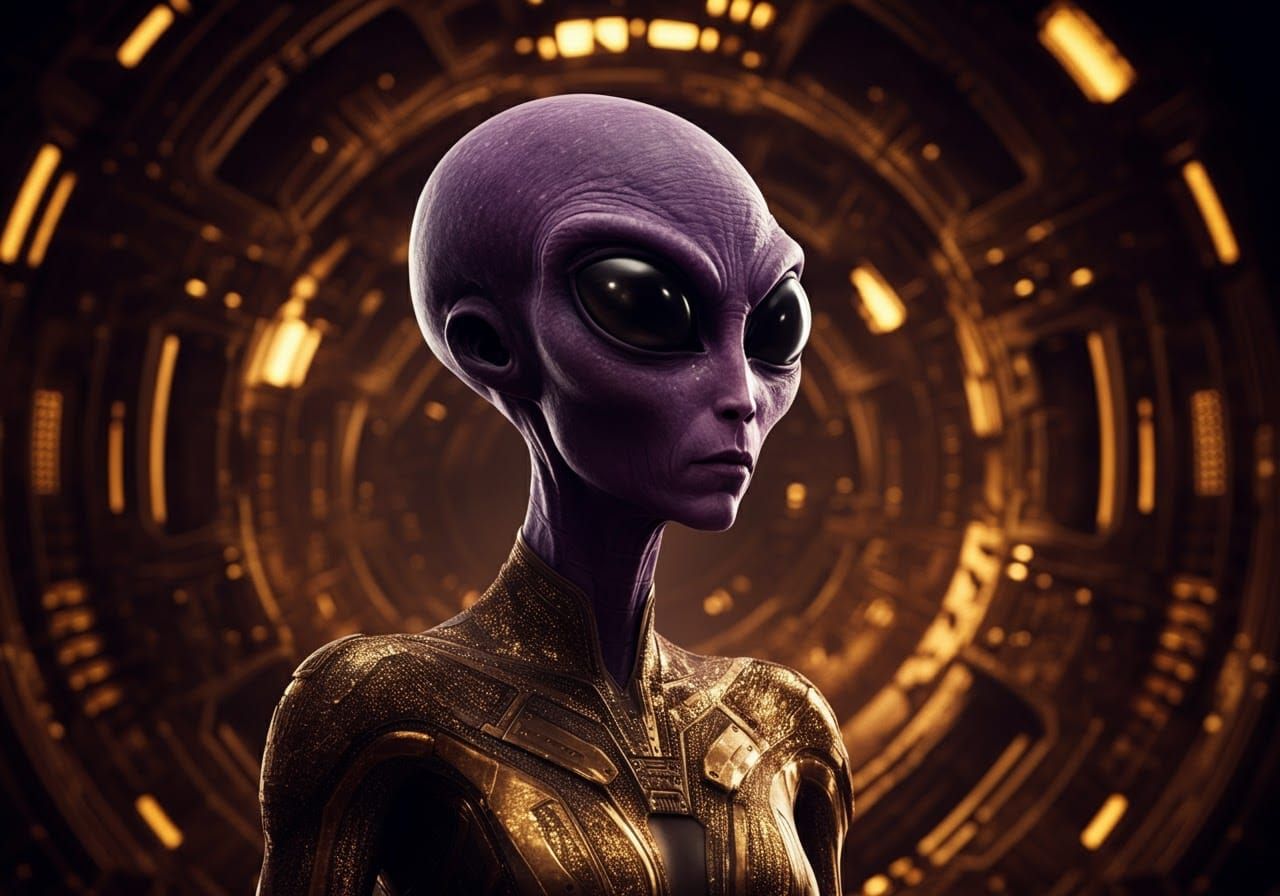 Purple Alien in a Golden Sci-Fi Environment