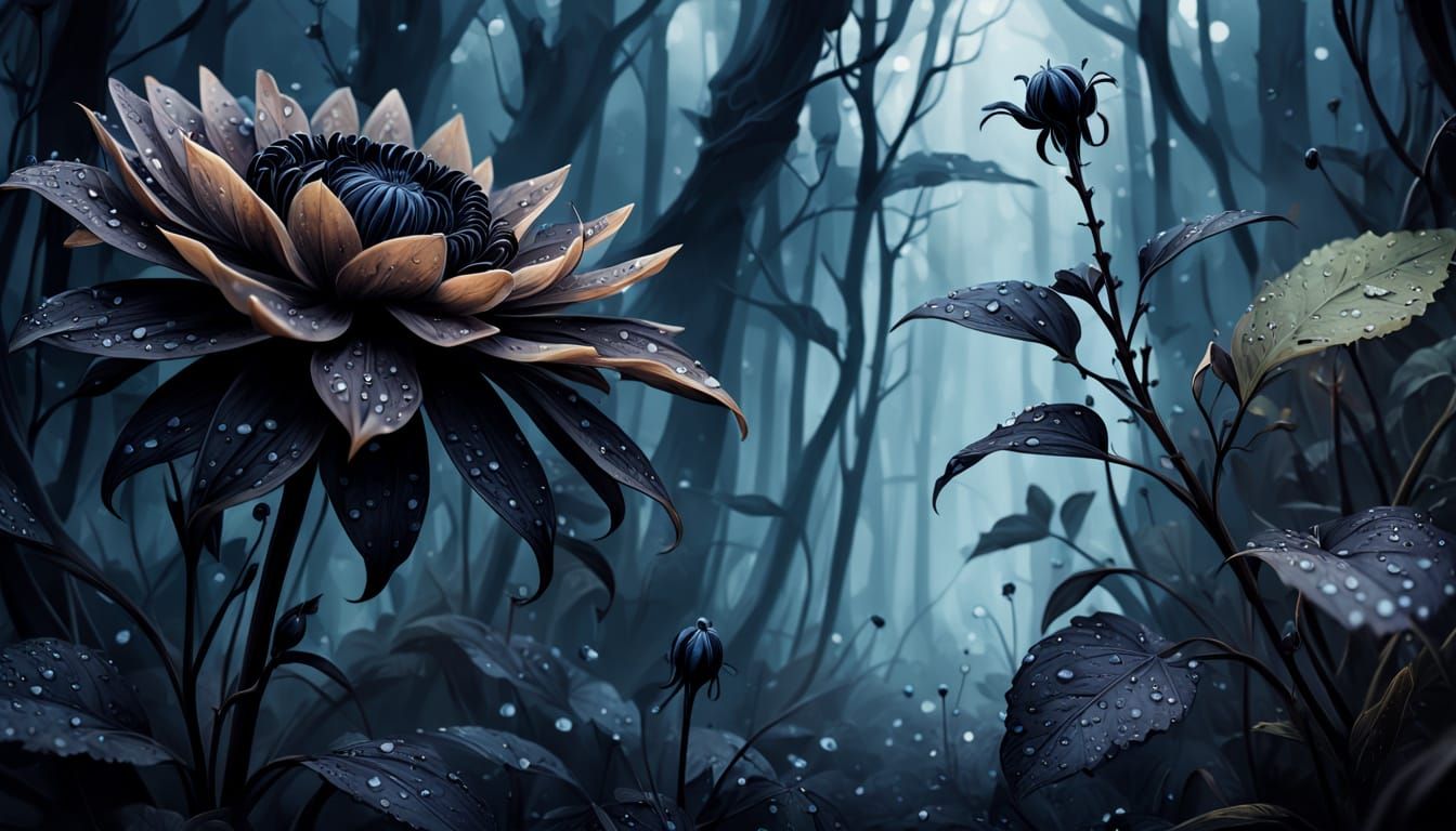 Ethereal Black Bloom in a Misty Forest