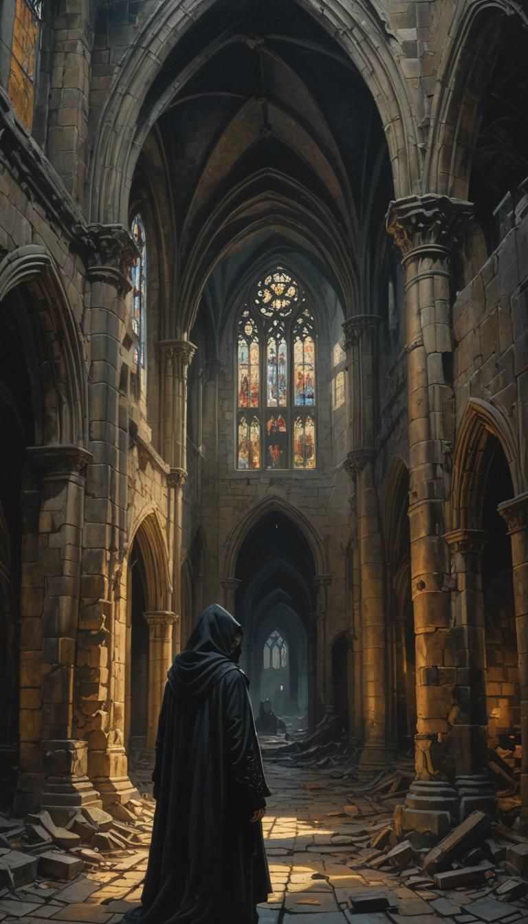 Hooded Figure in Gothic Cathedral: Oil Painting