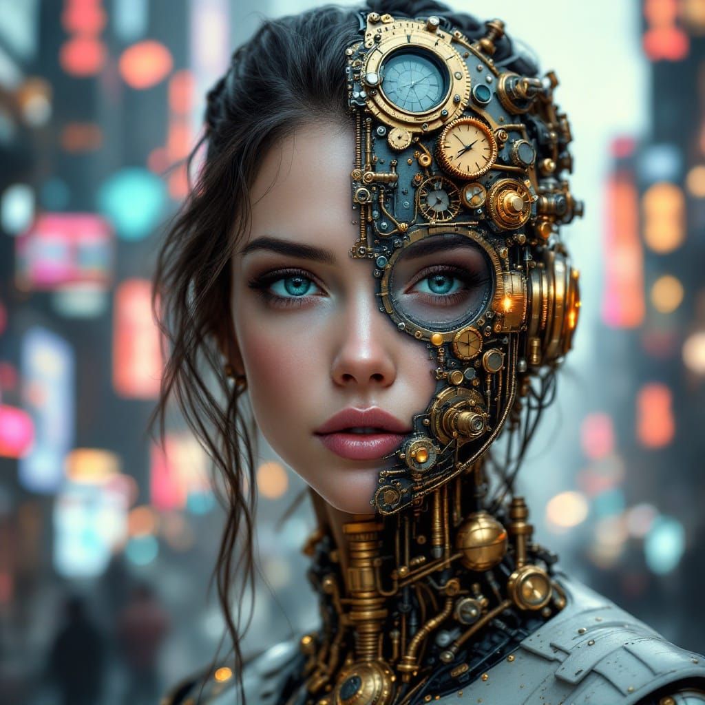 Ethereal Steampunk Cyborg in Futuristic Metropolis