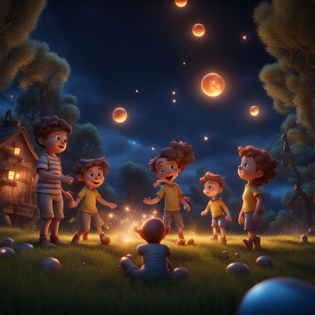 Children Playing Beneath Stars in Pixar Style