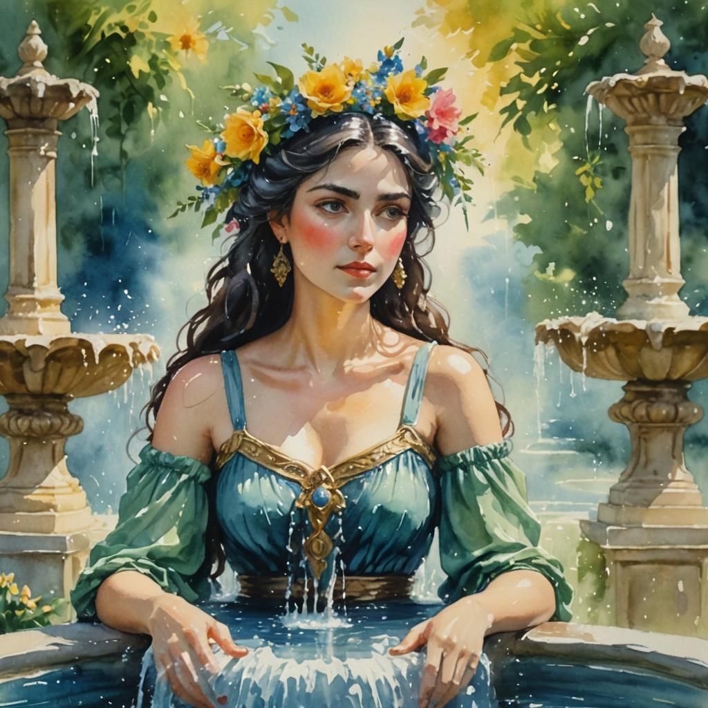 Italian Goddess Enchants with Water Fountain Scene in Gouach...