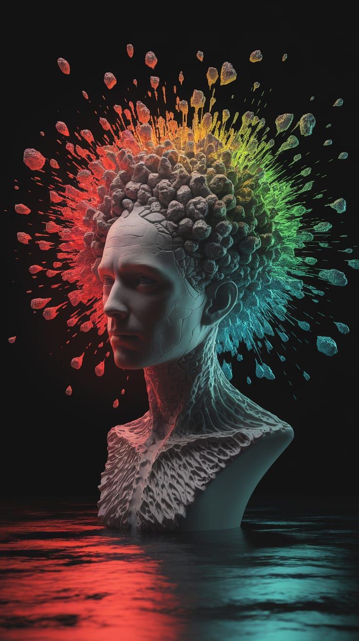 Exploding Sculpture Head in Dazzling Color Spectrum