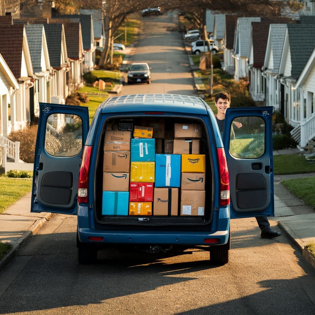 Amazon Van on Suburban Street in Golden Light