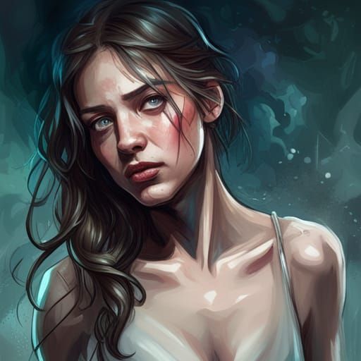 Sad Girl Crying in Shower: Hyperdetailed Portrait