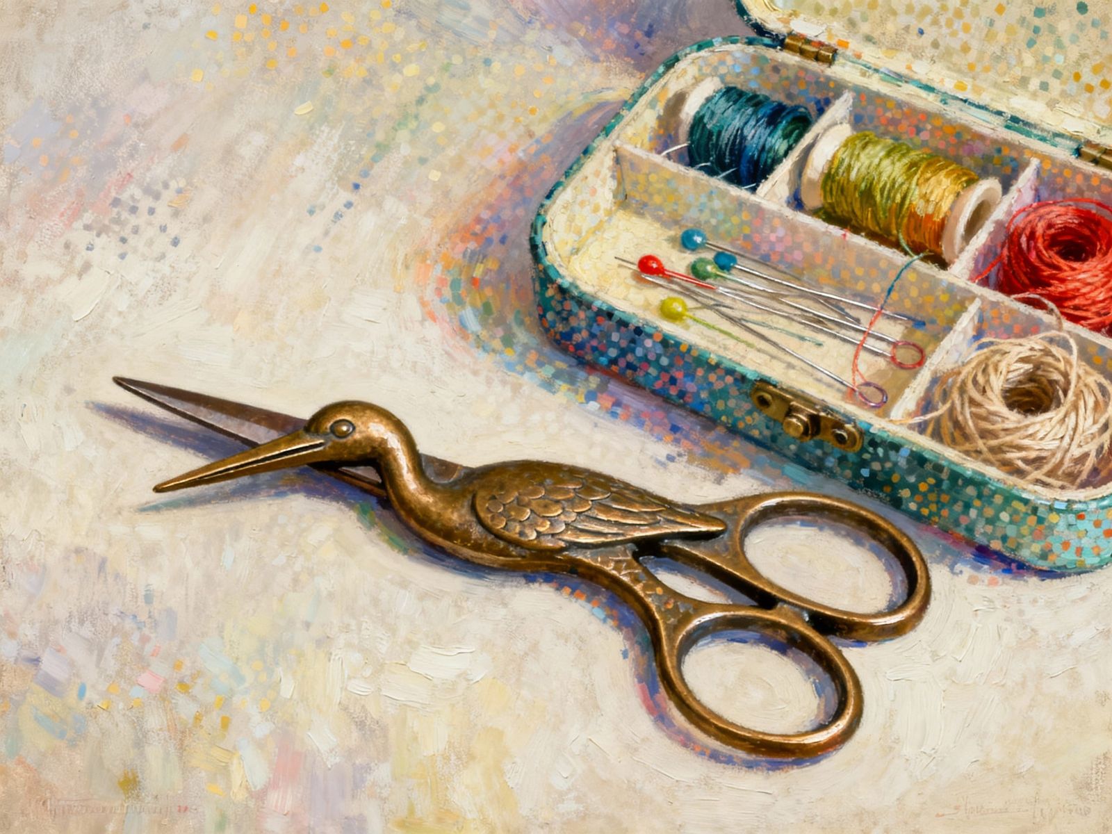 Bronze Crane Scissors Beside Sewing Kit