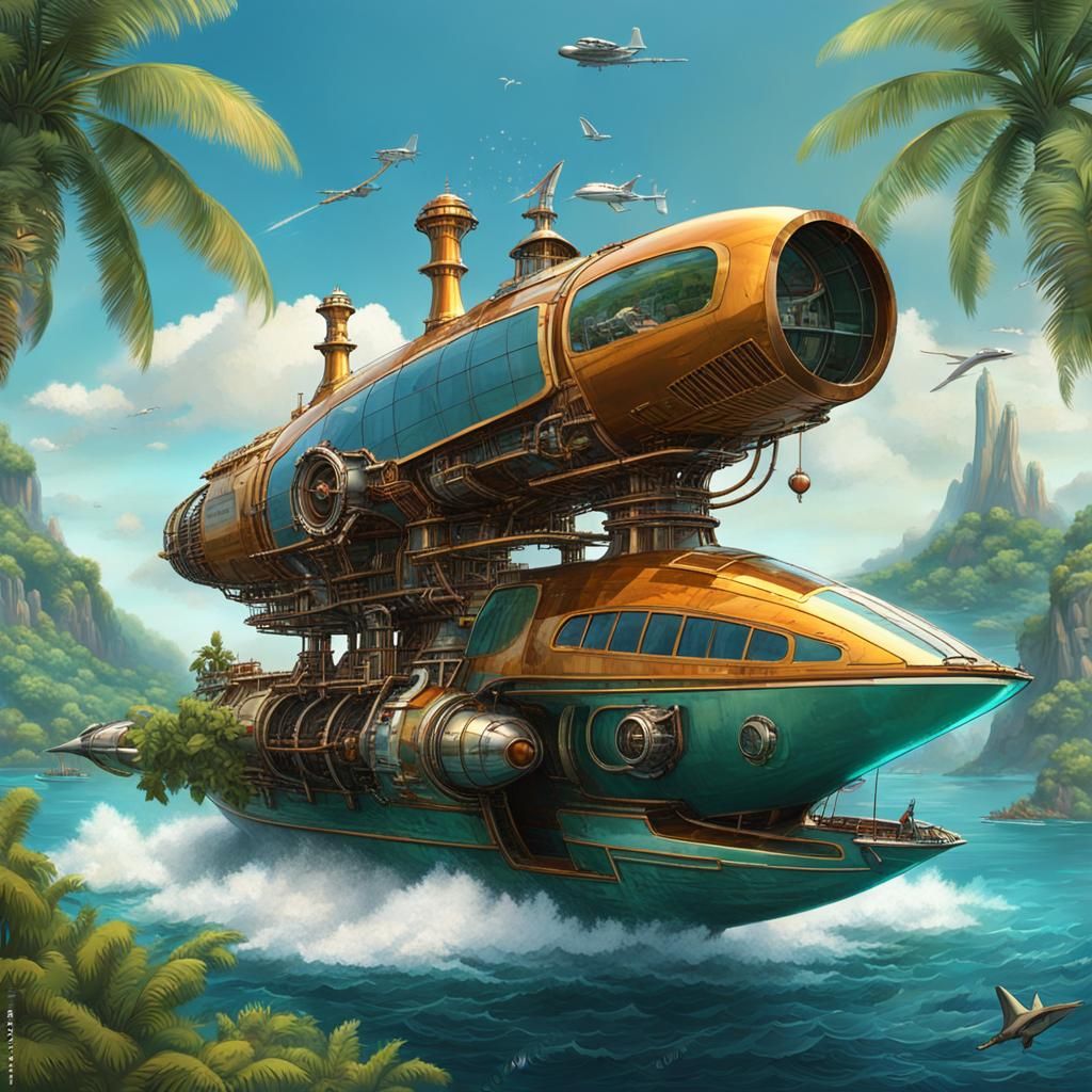 Futuristic Hydrofoil on Tropical Island, Steampunk Style