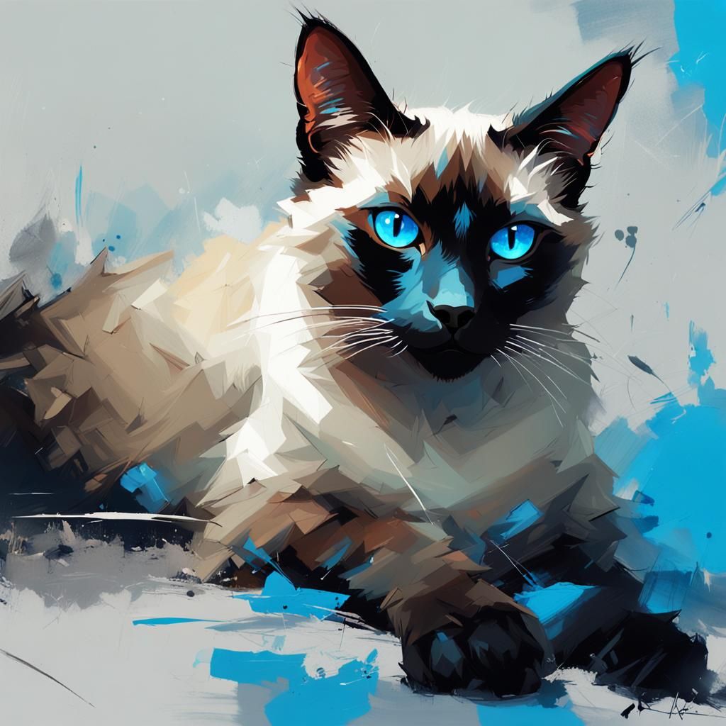 A painting of a siamese cat with blue eyes, inspired by WLOP...