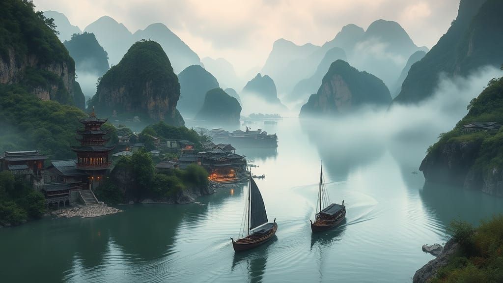 Mystical Li River Landscape in Fantasy-Realistic Style