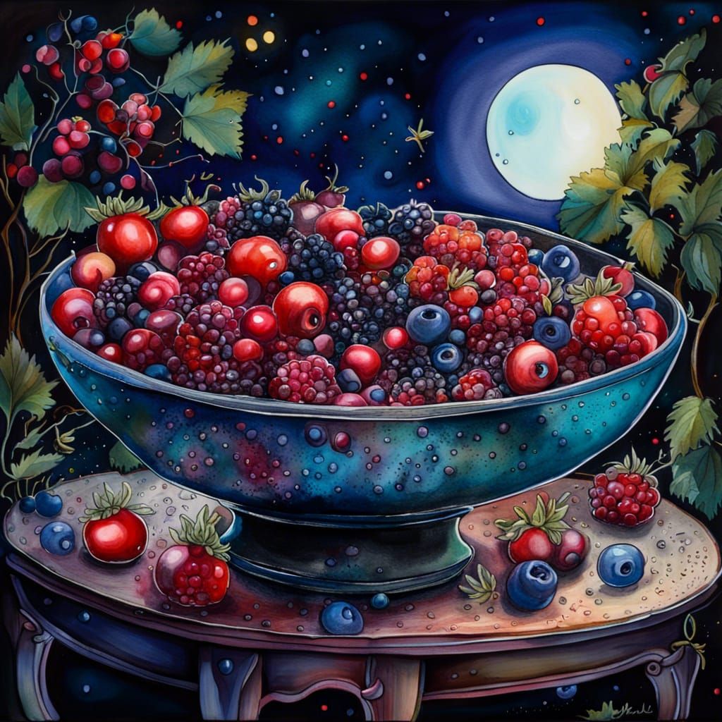 Magical Exploding Berries Still Life in Ink