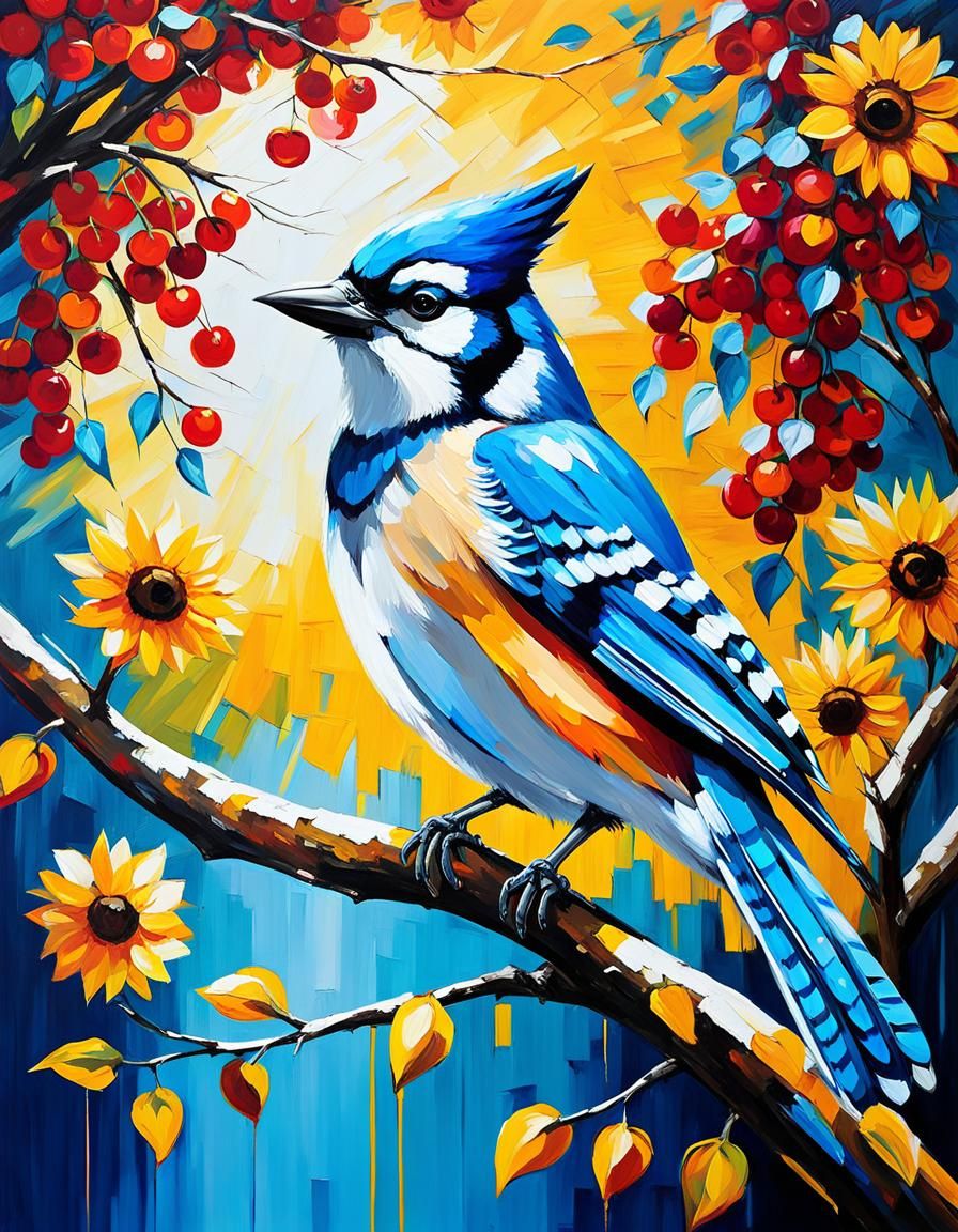Blue Jay in Sunflower Tree: Expressionist Oil Painting