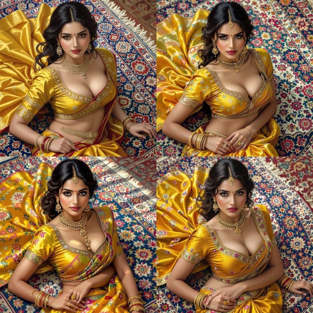 Woman in Indian Saree Relaxing on Oriental Rug