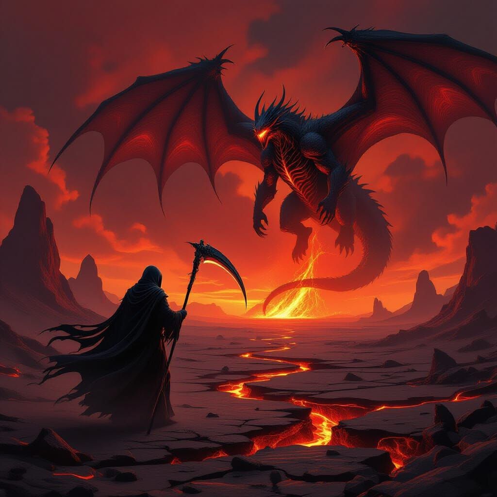 Grim Reaper Hunts Darkness God Amidst Dragon Fire