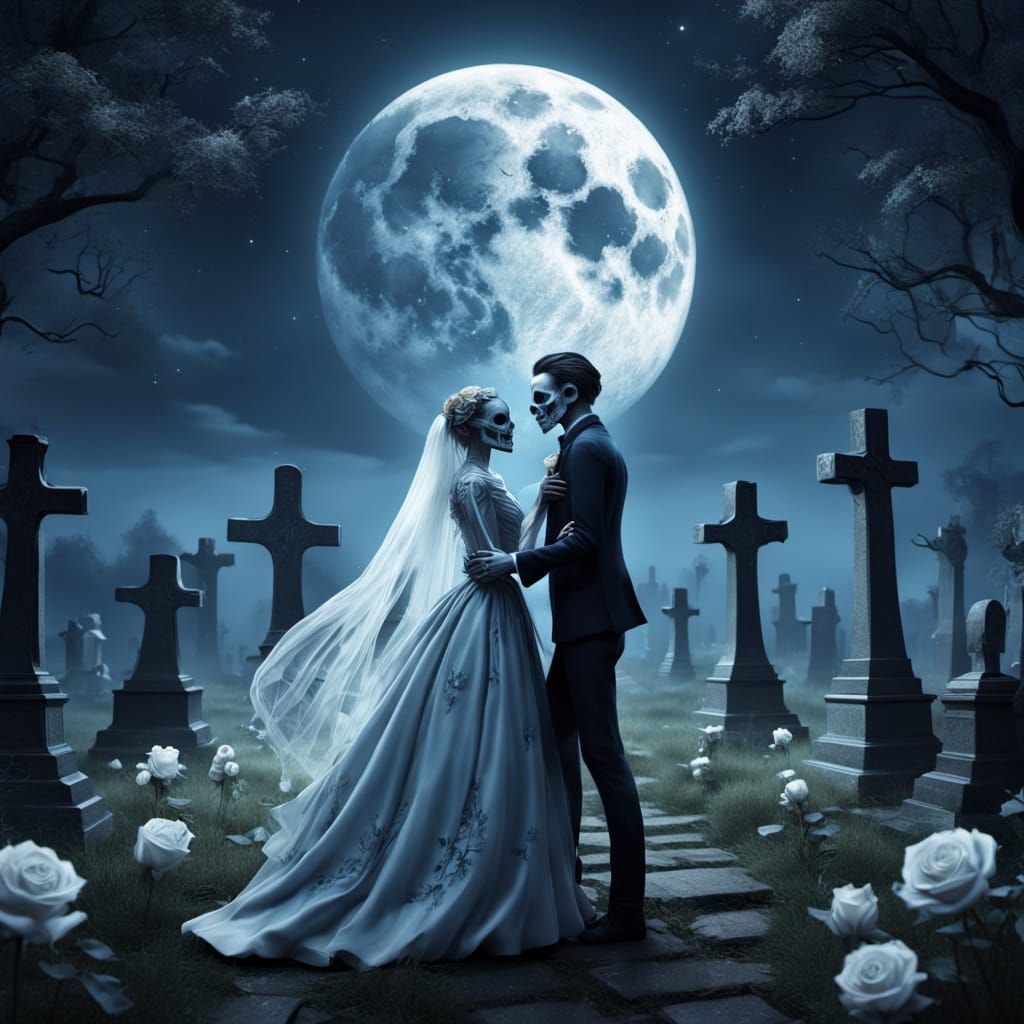 Skeleton Couple Dancing in Ethereal Cemetery