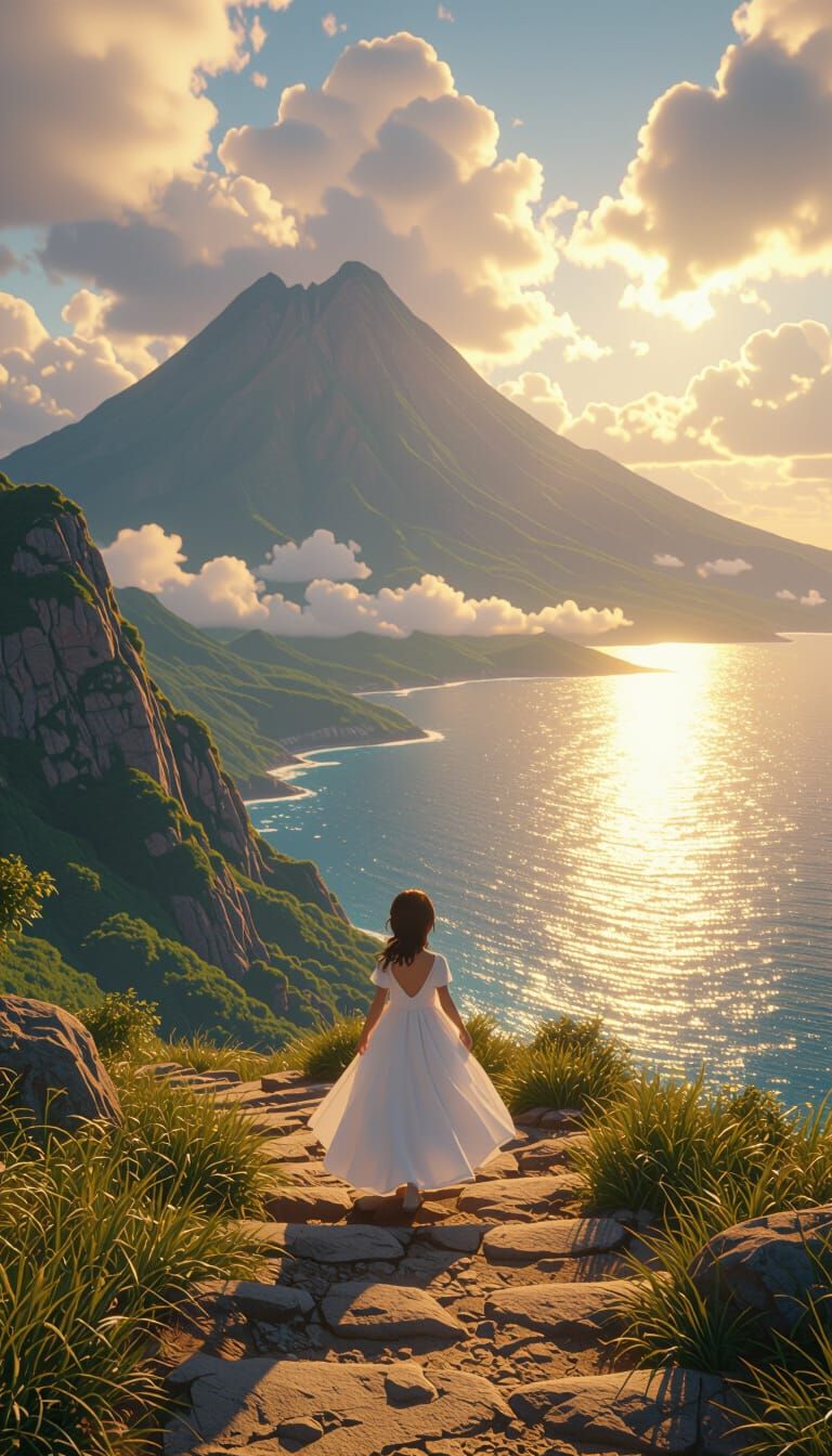 Majestic Mountain Path: A Girl's Journey in 8K