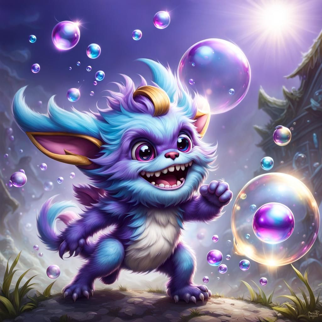 Cute Purple Monster Chasing Bubbles in HDR
