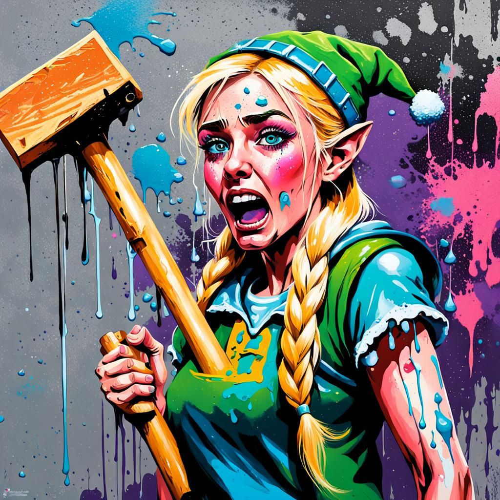 Crying Elf with Hammer in Graffiti Art