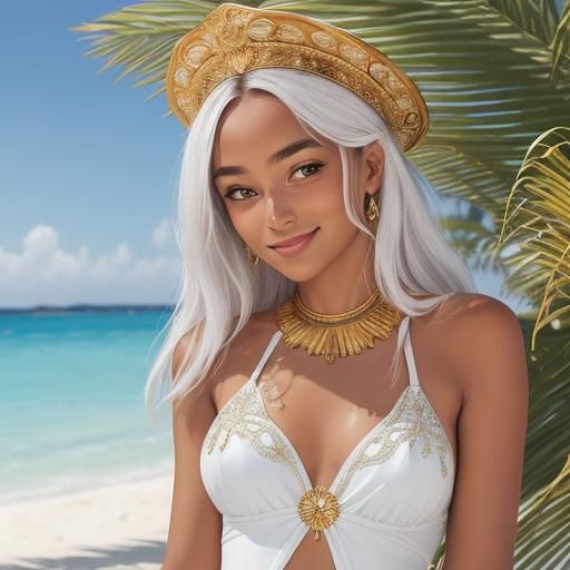 Sensual Tanned Woman with White Hair and Brazilian Swimsuit