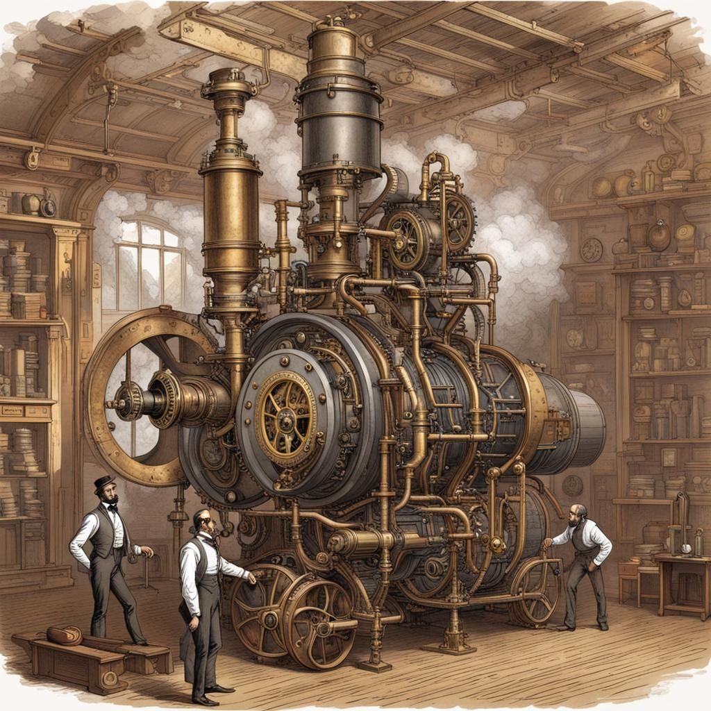 Jules Verne Style Steampunk Engine Illustration