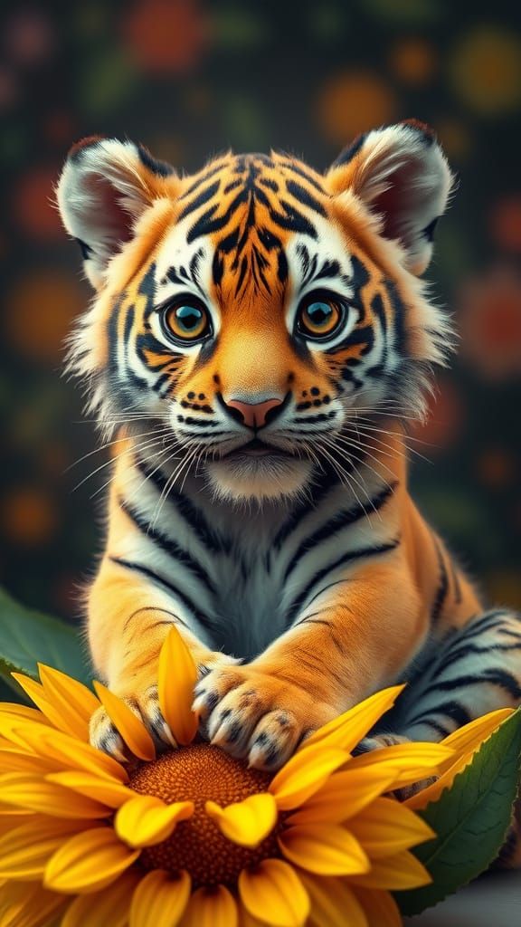 Cute Baby Tiger on Sunflower in Vibrant Hyper-Realistic Styl...