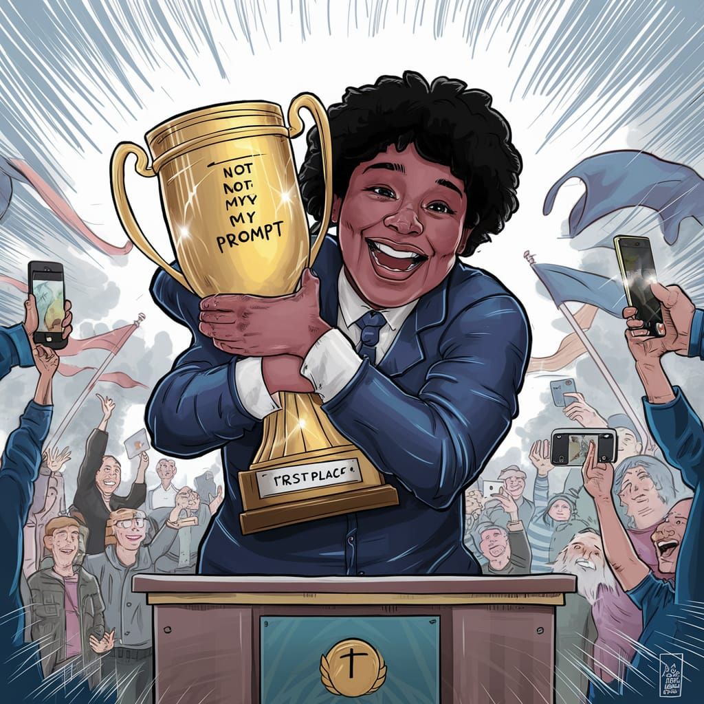 Triumphant Winner Proudly Displays 'Not My Prompt' Trophy