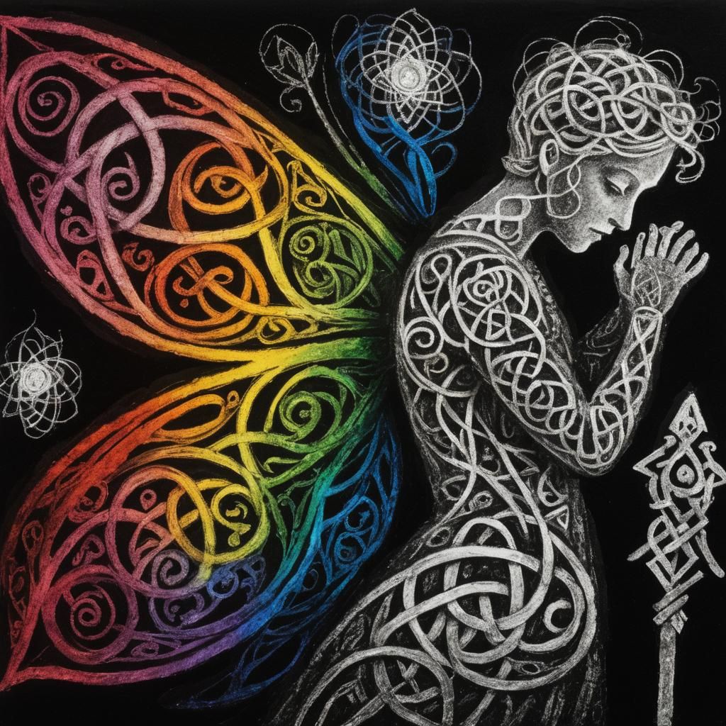 Celtic Fairy Princess Silhouette in Childlike Crayon Style