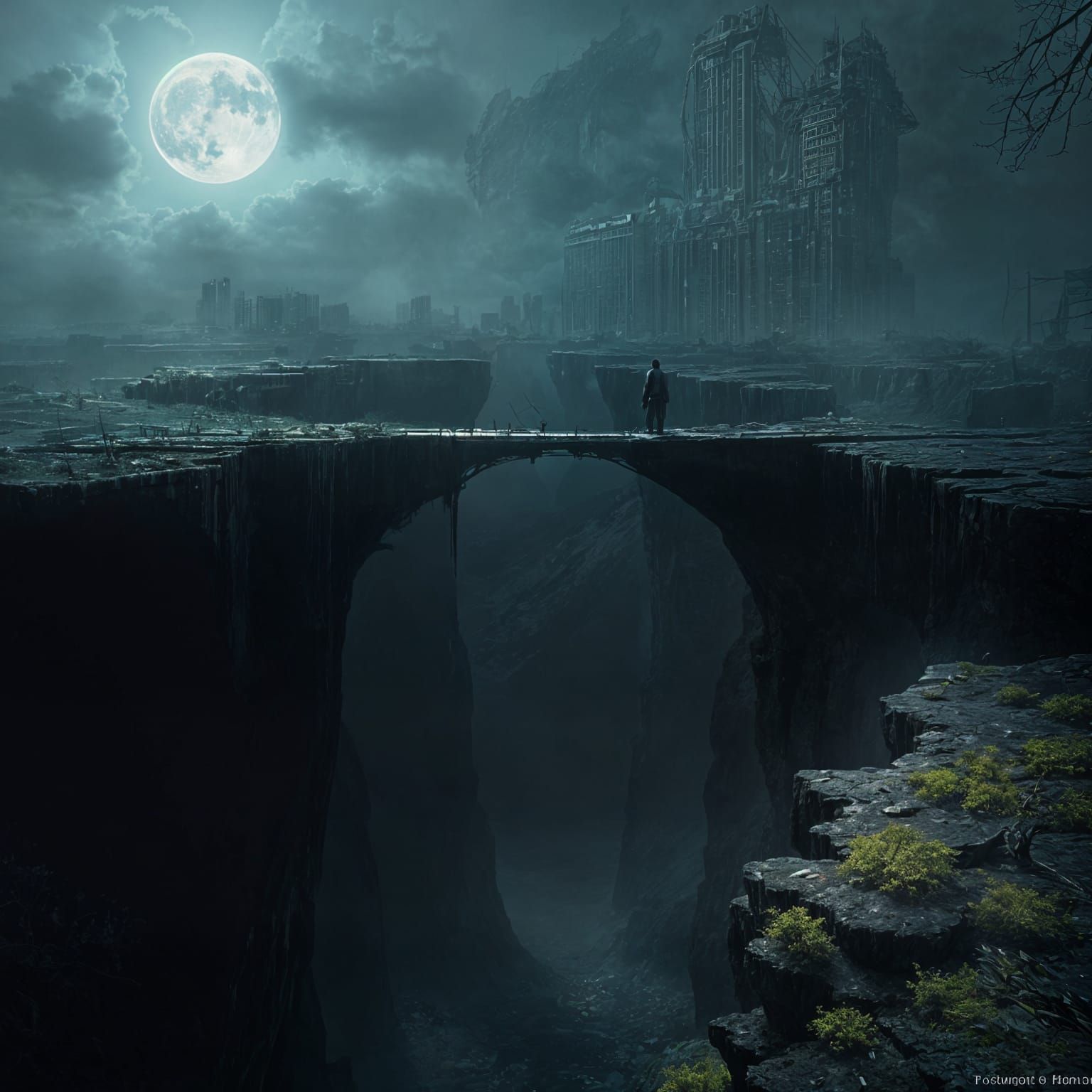 Dark Fantasy Bridge Over Chasm in Moonlight